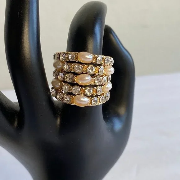 JUMBO Gold sz Various Pearl Rhinestone layered Ring - Picture 3 of 6